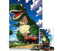 Puzzle 1000 pièces Dinosaure Dessin animé avec Voiture Paysage Bords Parfaits Jeu cognitif Jeu Lent Décoration Artistique de Noël (38x26cm)