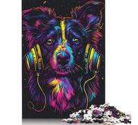 Puzzle 1000 pièces DJ Neon Border Collie Puzzles pour Enfants Puzzle en Bois Puzzle de Noël Cadeaux Taille 75x50cm