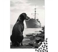 Puzzle 1000 Pièces Dog on Dock with Ship in Background Puzzle pour Adolescents Améliore La Mémoire Entraîne Ton Cerveau Et Tes Mains Jouet Addictif pour Cultiver La Patience 52x38cm/1000pcs