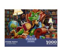 Puzzle 1000 pièces Dragon Lisant des Livres Stimulant - Dragon Vert Lisant dans Une Bibliothèque, Homme Femme, Éducatif 38x26cm