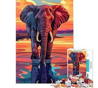 Puzzle 1000 pièces Éléphant dans l'eau au Coucher du Soleil Jeu Manuel et éducatif Cadeau de Père Noël Secret Décoration Parfaite (Dimensions 38x52cm)