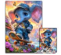 Puzzle 1000 pièces Éléphant sur Skateboard Puzzles en Bois au Design Complexe pour Adolescents, décoration DIY et Divertissement Stimulant pour Le Cerveau 50x75cm