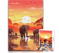 Puzzle 1000 pièces Éléphants au Coucher du Soleil en Afrique pour Adultes - Jeu d'adresse interactif et éducatif - Idée Cadeau Originale et significative - Dimensions:38x26cm