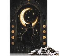 Puzzle 1000 pièces en Bois carré créatif avec Chat Noir et fenêtre au Clair de Lune pour Adultes, Jeu éducatif, Jouet de défi, 1000 pièces (75 x 50 cm)