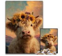 Puzzle 1000 pièces en Bois Motif Vaches et tournesols des Highlands, Design Complexe pour Adolescents, décoration DIY et Divertissement Stimulant pour Le Cerveau 50x75cm