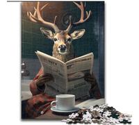 Puzzle 1000 pièces en Bois représentant Un cerf lisant Un Journal. Cadeau Amusant et activité pour la Maison. 50x75cm. Décoration Artistique à Faire soi-même. Cadeau d'anniversaire idéal.