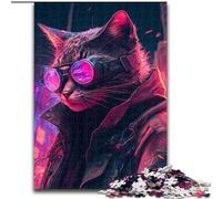 Puzzle 1000 pièces en Bois représentant Un Chat Cyberpunk, Niveau débutant, idéal pour Les Anniversaires et Les fêtes, 50x75cm, activité familiale et Adulte, décoration d'intérieur à Faire soi-même.