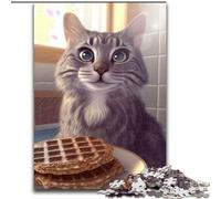 Puzzle 1000 pièces en Bois représentant Un Chat Mangeant Une Gaufre Idéal pour la décoration de la Maison et du Bureau pour Un Anniversaire Activité Adulte et familiale Cadeau