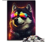 Puzzle 1000 pièces en Bois représentant Un Chien Husky coloré pour Les Parents, Les Amoureux et Les Amis à partir de 14 Ans. 50x75cm. Activité de Jeu familiale captivante.