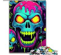 Puzzle 1000 pièces en Bois représentant Un crâne coloré en néon, idée Cadeau pour Les fêtes, Illustration Humoristique et détaillée, 50x75cm, idéal pour Un Anniversaire, Noël ou Halloween.