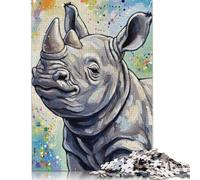 Puzzle 1000 pièces en Bois représentant Un rhinocéros coloré, carré, pour Adultes et Enfants (75 x 50 cm).