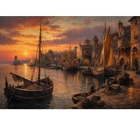 Puzzle 1000 pièces en Bois Vieux Port au Coucher du Soleil doré