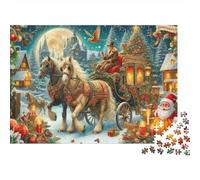 Puzzle 1000 pièces épais pour Adultes Promenade en calèche de Noël Chevaux Traîneau du Père Noël Noël Premium Solide Haute qualité Très Difficile Soulagement du Stress 38x26cm/1000pcs