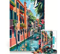Puzzle 1000 pièces Été ensoleillé à Venise Illustration Artistique Minimaliste Découpe soignée Décoration Jeu de logique et de Calme Décoration de Noël Cadeau (50x75cm)