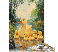 Puzzle 1000 pièces Famille de Canards Dorés - Art Naïf et Fantastique de l'Étang pour Adultes Cadeaux de Noël pour Adultes Puzzle Cadeaux 38x26cm/1000pcs