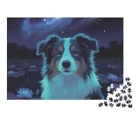 Puzzle 1000 pièces « Fantaisie Nocturne avec Un Chien » : Portrait d'un Adorable Border Collie. Jeu éducatif pour Adultes (à partir de 12 Ans). Décoration élégante. 52 x 38 cm.