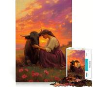 Puzzle 1000 pièces Femme et Taureau au Coucher du Soleil Jeu cognitif Amusant Pièces Robustes et découpées avec précision Exercice Mental Calme à la Maison (38x52cm)