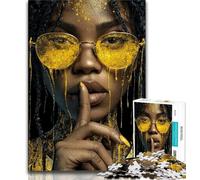 Puzzle 1000 pièces Femme Noire avec Lunettes Jaunes pour Adultes et Adolescents, Difficile à réaliser mais Amusant et Humoristique, Cadeau d'anniversaire, Cadeaux, Art Mural 50x75cm