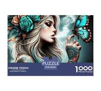 Puzzle 1000 pièces Femme Papillon pour décoration Murale - Fille tatouée Couronne de Roses, Anti-Stress pour Adultes 38x26cm