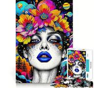 Puzzle 1000 pièces Femme psychédélique avec Couronne de Fleurs et planètes pour Adolescents Découpe Lisse, Cadeau Artistique et Anti-Stress (38x26cm)
