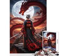 Puzzle 1000 pièces Femme samouraï Face à Un Dragon Rouge Jeu Anti-Stress Jeu Impossible Entraînez Votre Cerveau et Votre dextérité Dimensions 38x26cm