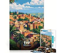 Puzzle 1000 pièces Fès,Maroc Affiche de Voyage Jeu de réflexion Artistique Jeu de détente Cadeau de Noël (38x26cm)