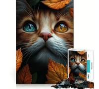 Puzzle 1000 pièces Feuilles d'automne et Chat tigré Orange Décoration Murale de Noël (50x75cm)