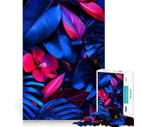 Puzzle 1000 pièces Feuilles Tropicales et Fleurs Bleues et Roses, Assemblage Parfait, Jeu de réflexion Artistique, Divertissement pour Les Moments de détente, Cadeau d'anniversaire Amusant (50x75cm)
