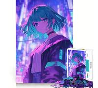 Puzzle 1000 pièces Fille d'anime dans Une Ville néon pour Adultes,Jeu Stimulant la réflexion,Structure à emboîtement précise,Facile à Apprendre,pour Toute la Famille (38x52cm)
