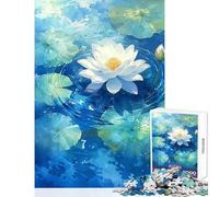 Puzzle 1000 pièces Fleur de Lotus Blanche dans l'eau Bleue Décoration Murale pour Les Amateurs de Jeux et de Manipulation avec Poster et fiche de Questions Assortis Dimensions 38x52cm