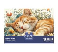 Puzzle 1000 Pièces Fleurs Chaton Endormi Décoration Murale & Cadeaux - Chat Roux Dodo dans Fleurs Sauvages, Papier Recyclé, Jeu Familial Ludique 38x26cm