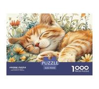 Puzzle 1000 Pièces Fleurs Chaton Endormi Décoration Murale & Cadeaux - Chat Roux Dodo dans Fleurs Sauvages, Papier Recyclé, Jeu Familial Ludique 70x50cm