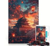 Puzzle 1000 pièces Fleurs de Cerisier et lanternes au Coucher du Soleil Bords impeccables Casse-tête Amusant Cadeau détente Jeu Cadeau d'anniversaire Artistique (38x52cm)