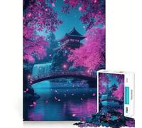 Puzzle 1000 pièces Fleurs de Cerisier Japon Nuit Découpe Nette Art Jeu de Construction Jeu de détente Jeu d'anniversaire Amusant (38x26cm)