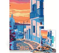Puzzle 1000 pièces Grèce Voyage Art Mykonos Découpe précise Jeu de compétences cognitives Loisirs Amusants Cadeau apaisant de Noël (38x52cm)