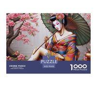 Puzzle 1000 Pièces Gueisha avec Parapluie Vert sous Les Cerisiers Difficile pour Hommes et Femmes, Idée Cadeau - 70x50 cm