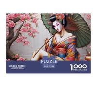 Puzzle 1000 Pièces Gueisha avec Parapluie Vert sous Les Cerisiers Difficile pour Hommes et Femmes, Idée Cadeau - 52x38 cm