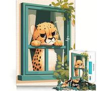 Puzzle 1000 pièces Guépard Dessin animé regardant par la fenêtre Jeu d'art et de réflexion de 1000 pièces Cadeau Amusant pour Un Anniversaire ou Tout Autre Moment de détente (38x26cm)