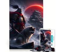 Puzzle 1000 pièces Guerrier samouraï et château sous la Lune Rouge pour Adultes, idéal pour développer Son Cerveau, soulager Le Stress et créer Une décoration Murale aux Bords précis (38x52cm)