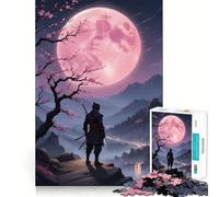 Puzzle 1000 pièces Guerrier Samouraï Lune Rose pour Adolescents Jeu de réflexion et de Calme Qualité supérieure Cadeau de Noël (50x75cm)