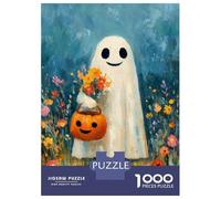 Puzzle 1000 Pièces Halloween Ghost with Flowers and Pumpkin pour Adolescents - Jeu De Réflexion - Cadeaux pour Femmes - Idées Cadeaux Uniques pour Un Anniversaire Ou Noël 52x38cm/1000pcs