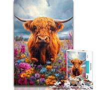 Puzzle 1000 pièces Highland Cow and Flowers Puzzle 1000 pièces pour Adultes et Adolescents, entraînez Votre Cerveau et Vos Mains, Cadeaux pour Amis et Famille 50x75cm