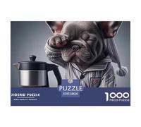 Puzzle 1000 Pièces Idée Cadeau Chien Café Fatigué - Bouledogue Français Dodo sur Tasse, Jeu Éducatif Défi Hommes Femmes Adultes 38x26cm