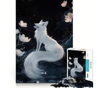 Puzzle 1000 pièces illustrant Un Renard Blanc et des Fleurs de Lotus Stimulation cérébrale Découpe Nette Composants Robustes Loisirs captivants pour des Moments de détente à la Maison (38x26cm)