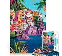 Puzzle 1000 pièces,illustration abstraite colorée d'un village côtier italien,art minimaliste,jeu d'articulation fin et pour résoudre des problèmes,jeu calme pour se détendre,décoration de Noël,cadeau