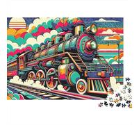 Puzzle 1000 Pièces Illustration Colorée de Train Set pour Hobbyistes, Carton Premium, Train à Vapeur psychédélique Décoration Intérieure, Cadeau Anniversaire Parfait, Jeu Défi Difficile 52x38cm