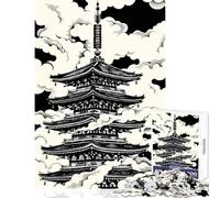 Puzzle 1000 pièces Illustration de pagode Japonaise dans Les Nuages Décoration intérieure Jouet Cadeau Père Noël Secret Jeu éducatif Ludique Réduction du Stress (Dimensions 38x52cm)