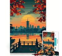 Puzzle 1000 pièces Illustration de Paysage Japonais au Coucher du Soleil sur Une pagode Découpe précise Jeu d'art et de développement cognitif Loisirs et Divertissement Cadeau apaisant pour Noël