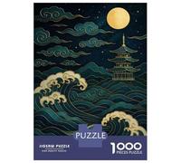Puzzle 1000 Pièces Japanese Pagoda, Waves, and Moon Art Puzzles pour Adolescents - Anti-Stress - Défi Éducatif - Cadeau d'anniversaire Unique 52x38cm/1000pcs