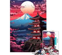 Puzzle 1000 pièces Japon Cerisiers Fuji Coucher de Soleil pour Anniversaire Noël Décoration Parfaite Jeu de Construction Convient aux 14 Ans et Plus (38x26cm)